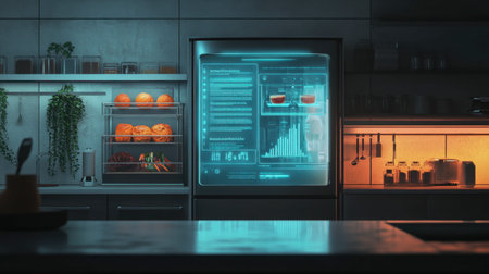 A sleek modern kitchen features a high-tech refrigerator with a digital interface, showcasing data and trends for an organized cooking experience.の素材
