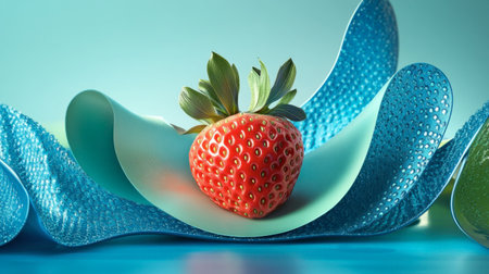 A stunning close-up of a fresh strawberry placed on soft blue textures, creating an elegant and vibrant composition ideal for food and lifestyle themes.の素材
