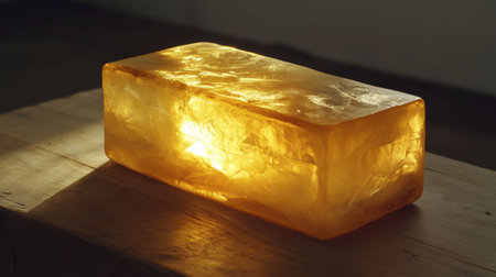 A stunning golden amber block illuminated from within, resting on a wooden surface. This image captures the natural beauty and texture of the gemstone, perfect for artistic projects and modern decor themes.の素材