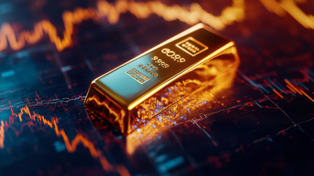 A stunning gold bar reflects on a vibrant financial chart background, illustrating market trends and economic fluctuations in a dynamic visual representation.の素材