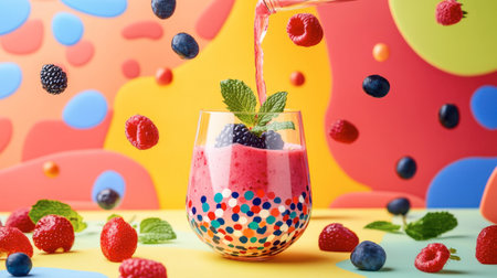 A vibrant fruit smoothie with mixed berries and mint leaves, beautifully presented in a colorful glass. This refreshing drink is ideal for summer gatherings and healthy lifestyles.の素材