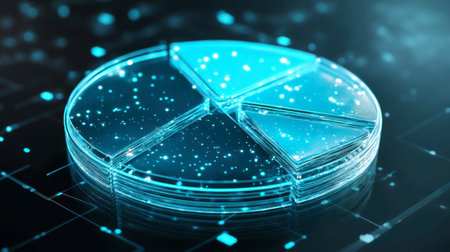 This stunning render features a transparent pie chart highlighted by glowing data points and grids. Perfect for presentations, it illustrates complex data analysis with a modern, digital aesthetic.の素材