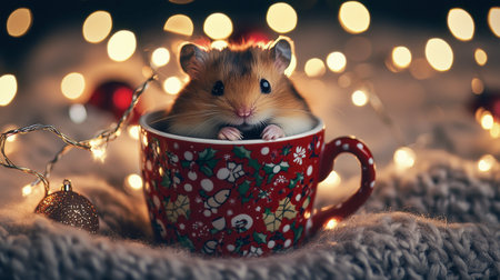 This charming image features an adorable hamster nestled in a festive red cup, surrounded by twinkling holiday lights, evoking warmth and joy.の素材