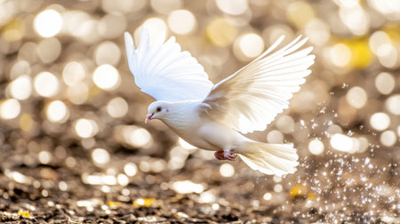 A beautiful white bird gracefully takes flight, creating a magical effect with its wings. The sparkling motion adds a serene touch to the natural outdoor scene.の素材