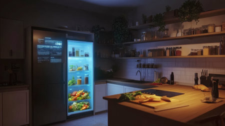 A stylish modern kitchen featuring an illuminated refrigerator at night. Fresh vegetables and fruits are neatly organized, highlighting a welcoming and cozy atmosphere perfect for culinary enthusiasts.の素材
