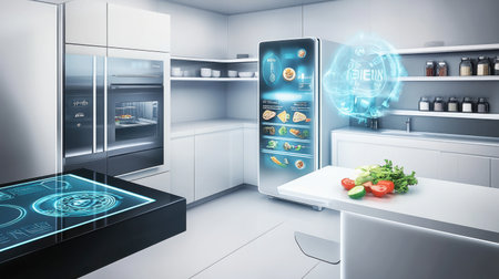 This image showcases a modern kitchen featuring a smart refrigerator and cutting-edge appliances. The sleek design emphasizes functionality and innovation in a pristine cooking environment.の素材
