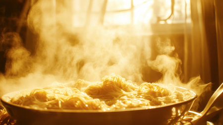A beautiful display of freshly cooked pasta surrounded by steam in warm light. This image captures the inviting atmosphere of home cooking and comfort food.の素材