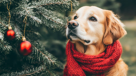 A golden retriever wearing a red scarf gazes at a decorated Christmas tree, evoking feelings of warmth and joy during the holiday season. Perfect seasonal image.の素材