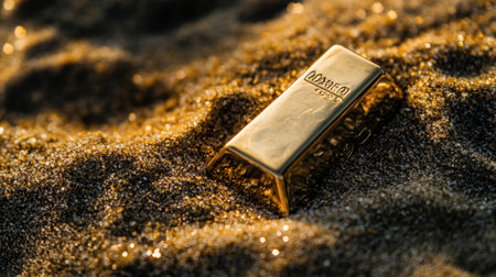 A stunning golden bar shines brightly atop glimmering sand under the sun, showcasing luxury and wealth in a tranquil beach environment.の素材