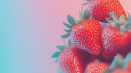 A stunning close-up of fresh strawberries arranged beautifully against a soft, colorful background. Ideal for food lovers and recipe creators.の素材