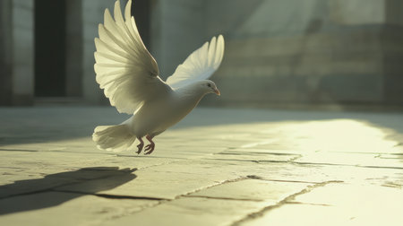 A stunning white bird spreads its wings while soaring across a sunlit space. The vibrant light casts gentle shadows, creating a serene and peaceful atmosphere.の素材