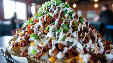 A mouthwatering loaded baked potato featuring crispy bacon bits, fresh green onion, creamy cheese, and savory toppings, perfect for any gathering or casual meal.の素材