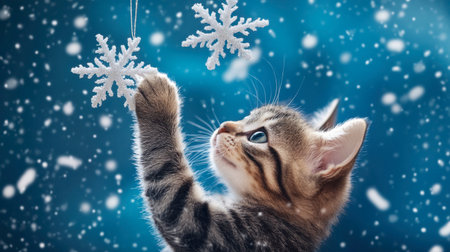 A charming kitten playfully reaches for delicate snowflakes in a magical winter backdrop. This adorable scene captures the joy and innocence of pets during the festive season.の素材