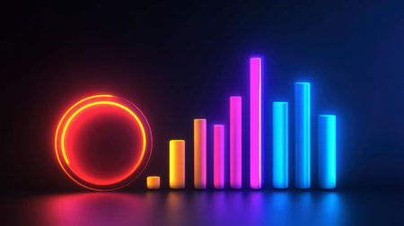 A striking visual representation of a neon graph and circle design, showcasing colorful bars against a dark background. Perfect for technology and data themes.の素材