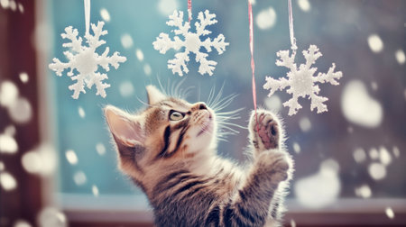 A charming tabby kitten playfully interacts with hanging snowflakes, radiating joy and innocence. This cozy winter scene captures the essence of playful moments.の素材