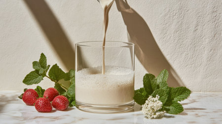 A creamy beverage is elegantly poured into a clear glass surrounded by fresh mint leaves and raspberries, creating a refreshing and inviting scene.の素材