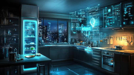 A futuristic kitchen features smart technology and stunning city views at night. The illuminated space showcases sleek appliances and modern design, perfect for contemporary living.の素材