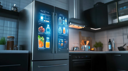 This image showcases a modern smart refrigerator with a sleek digital display in a stylish kitchen. The futuristic design highlights its innovative features for food organization and meal preparation.の素材