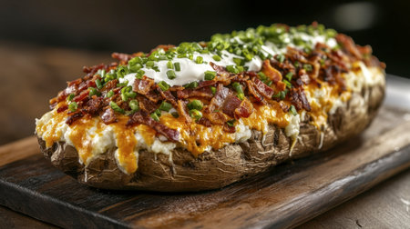 A mouthwatering loaded baked potato featuring creamy cheese, crispy bacon, fresh chives, and a dollop of sour cream, beautifully presented on a rustic wooden board.の素材