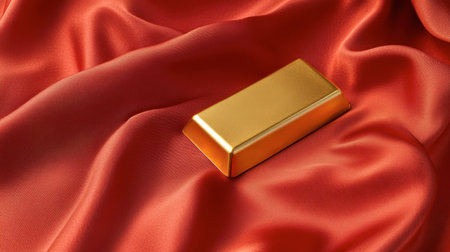 A bright gold bar rests elegantly on smooth red satin fabric, creating a striking contrast. Ideal for themes of wealth, luxury, and investment.の素材