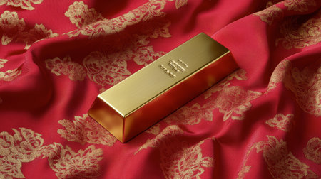 A stunning gold bar rests elegantly on rich red silk fabric adorned with intricate patterns, symbolizing wealth and luxury in this captivating composition.の素材