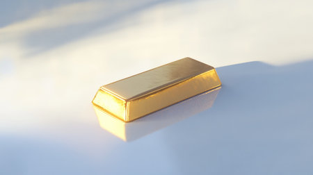 A stunning gold bar resting on a glossy, reflective surface, illuminated by soft lighting to highlight its richness and luxury. Perfect for finance concepts.の素材