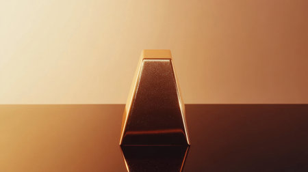 A gleaming gold bar positioned on a reflective surface, illuminated by warm lighting. Ideal for themes of luxury, wealth, and investment.の素材