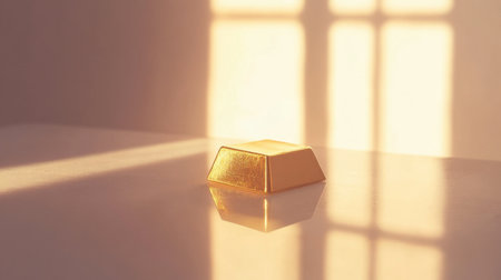 A gleaming gold bar rests on a table, bathed in soft golden light that creates a warm ambiance and beautiful shadow patterns, ideal for financial themes.の素材