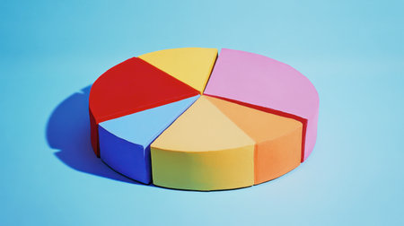 This vibrant paper pie chart features six segments in various colors, set against a blue background, ideal for business presentations or educational materials.の素材