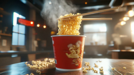 A steaming bowl of noodles held by chopsticks, showcasing appetizing textures and steam in a cozy restaurant atmosphere. Ideal for food enthusiasts.の素材