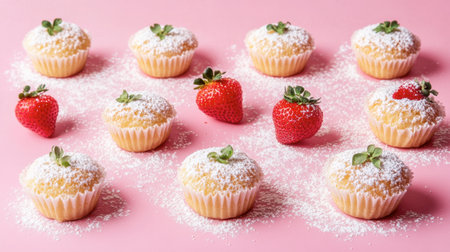 A delightful image featuring fluffy cupcakes dusted with powdered sugar and fresh strawberries on a vibrant pink background. Perfect for food lovers.の素材