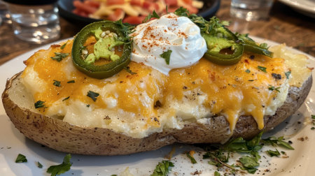 This enticing baked potato showcases creamy cheese, spicy jalapenos, and a dollop of sour cream, perfect for a delicious meal or snack. Enjoy!の素材
