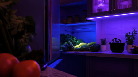 A captivating modern kitchen scene featuring vibrant lighting and fresh vegetables, creating a lively and healthy atmosphere for culinary enthusiasts.の素材