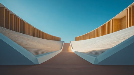 Capture a stunning example of modern architecture featuring smooth curves and sharp lines under a vivid blue sky, showcasing minimalism and artistic beauty.の素材