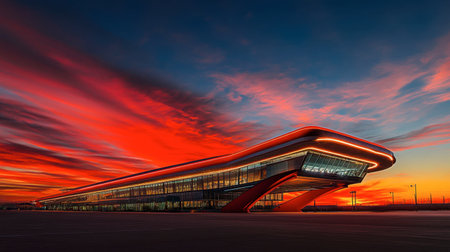 A striking modern architectural building bathed in sunset colors, showcasing sleek design and intricate details. The vibrant sky enhances the contemporary structure, creating a mesmerizing scene.の素材
