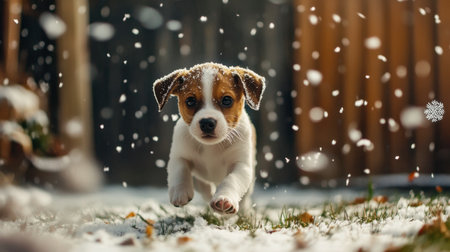 A charming puppy joyfully runs through a snowy landscape while snowflakes gently fall around it. This captivating scene captures the essence of winter playfulness and the beauty of nature.の素材