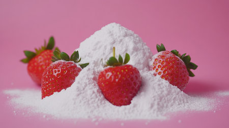 A close-up image of fresh strawberries surrounded by a mound of powdered sugar, set against a vibrant pink background. Ideal for food-related themes.の素材