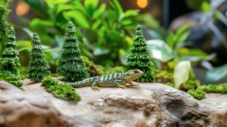 A vibrant lizard rests on a rocky surface surrounded by miniature trees, showcasing its colorful scales and natural habitat, ideal for nature enthusiasts.の素材
