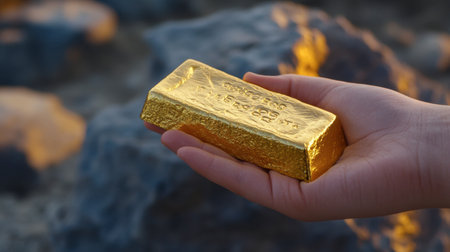 A person holds a shining gold bar in their hand, set against a rocky natural backdrop. The image conveys a sense of wealth, luxury, and prosperity.の素材