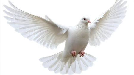 A stunning white dove gracefully spreads its wings in mid-flight, symbolizing peace and freedom. Captured against a light background, this image evokes tranquility.の素材