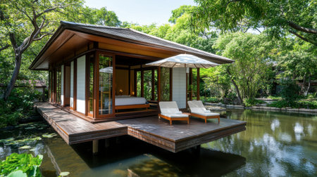 This elegant modern pavilion over tranquil water is surrounded by lush greenery, creating a serene retreat perfect for relaxation and leisure.の素材