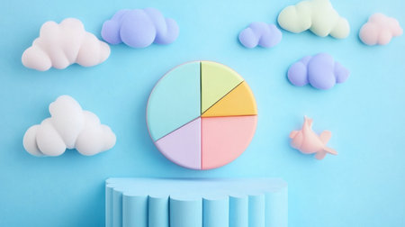 A visually engaging scene featuring a colorful pie chart set against a bright blue background, surrounded by soft clouds and playful objects, perfect for creative projects.の素材