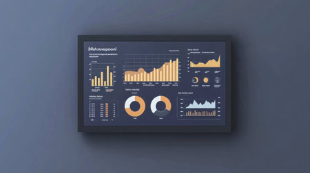 Stylish dashboard featuring various graphs and charts in warm tones. It offers insights into data metrics and trends, perfect for business analysis.の素材