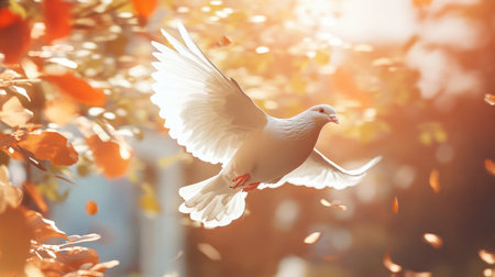 A stunning white dove soars gracefully through a backdrop of autumn foliage, capturing the essence of peace and freedom in soft, warm sunlight.の素材