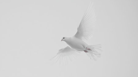 A stunning white dove in flight showcases elegance and grace against a gentle light background, symbolizing peace, freedom, and tranquility in nature.の素材