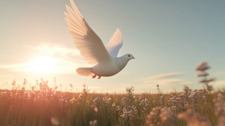 A stunning image of a white dove soaring gracefully through the air at sunrise, surrounded by lush flowers, capturing the essence of peace and tranquility in nature.の素材