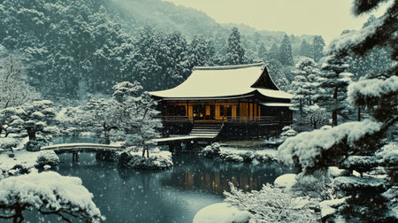 A serene winter landscape showcasing traditional Japanese architecture surrounded by a snow-covered garden and tranquil pond, promoting peace and tranquility.の素材