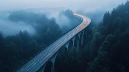 An enchanting foggy landscape showcasing a winding road alongside a beautiful arched bridge, surrounded by lush trees and misty hills at twilight.の素材