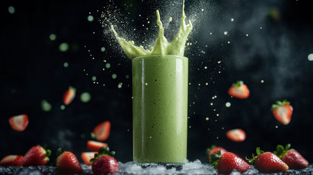 A dynamic image of a green smoothie splashing in a tall glass, surrounded by fresh strawberries. The dark background enhances the vibrant colors, creating a refreshing and energetic vibe. Perfect for health and wellness themes.の素材