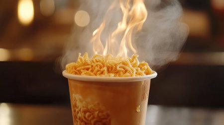 A captivating image of instant noodles ablaze in a cup, surrounded by rising steam. Perfect for showcasing delicious and spicy food experiences in photography.の素材